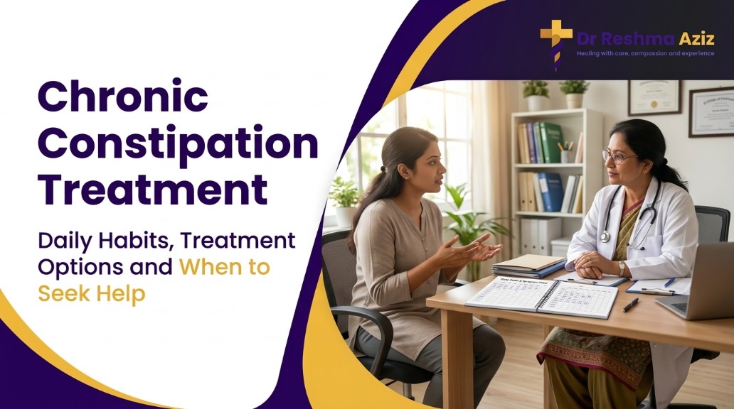 Female doctor discussing Chronic Constipation Treatment with a patient, with a stool diary on the consultation desk.