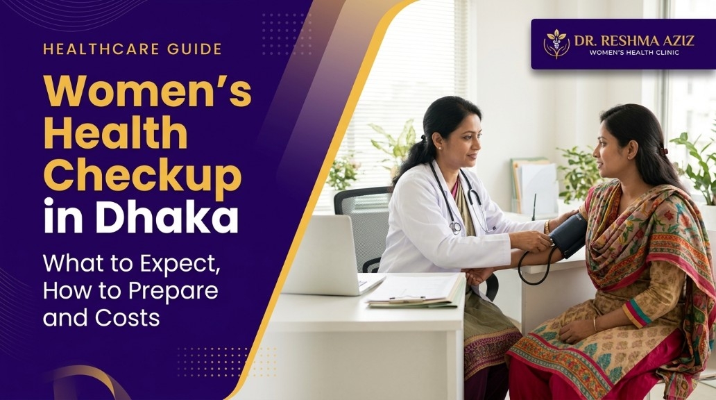 Female doctor measuring a patient's blood pressure during a women's health checkup in Dhaka.