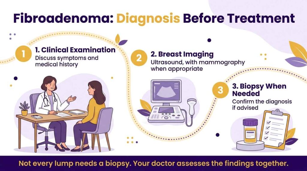 Infographic showing examination, breast imaging and biopsy when needed before fibroadenoma treatment.