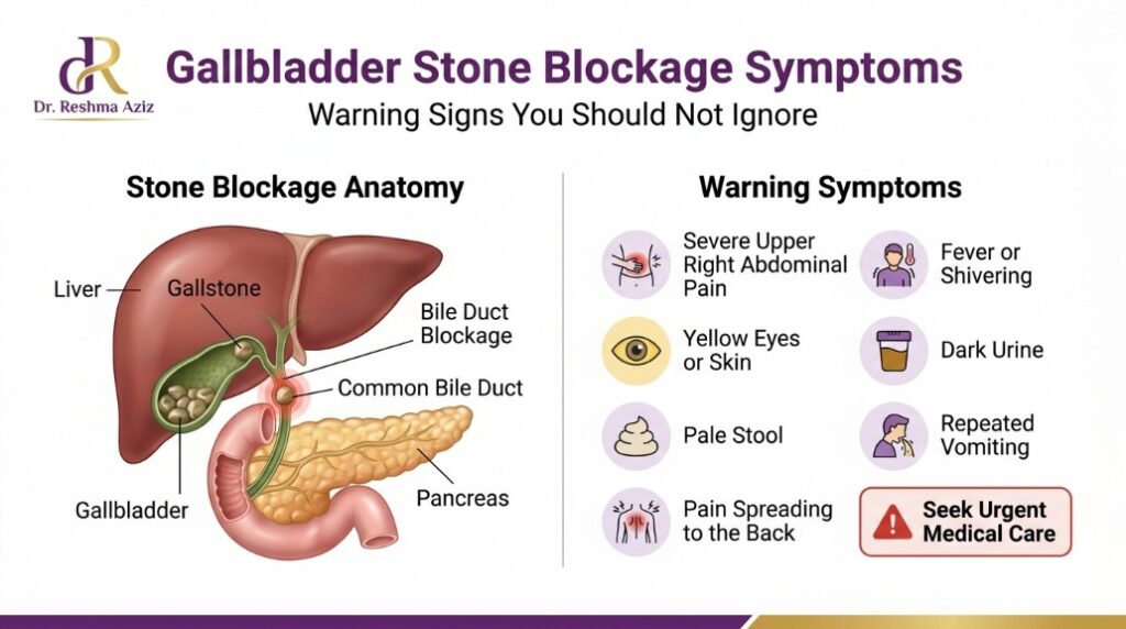 Gallbladder stone symptoms infographic showing bile duct blockage, jaundice, fever, vomiting, and urgent care