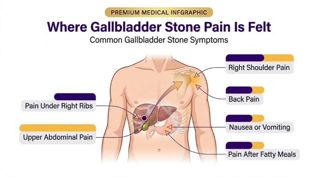 Gallbladder stone symptoms diagram showing right rib pain, back pain, nausea, and pain after fatty meals
