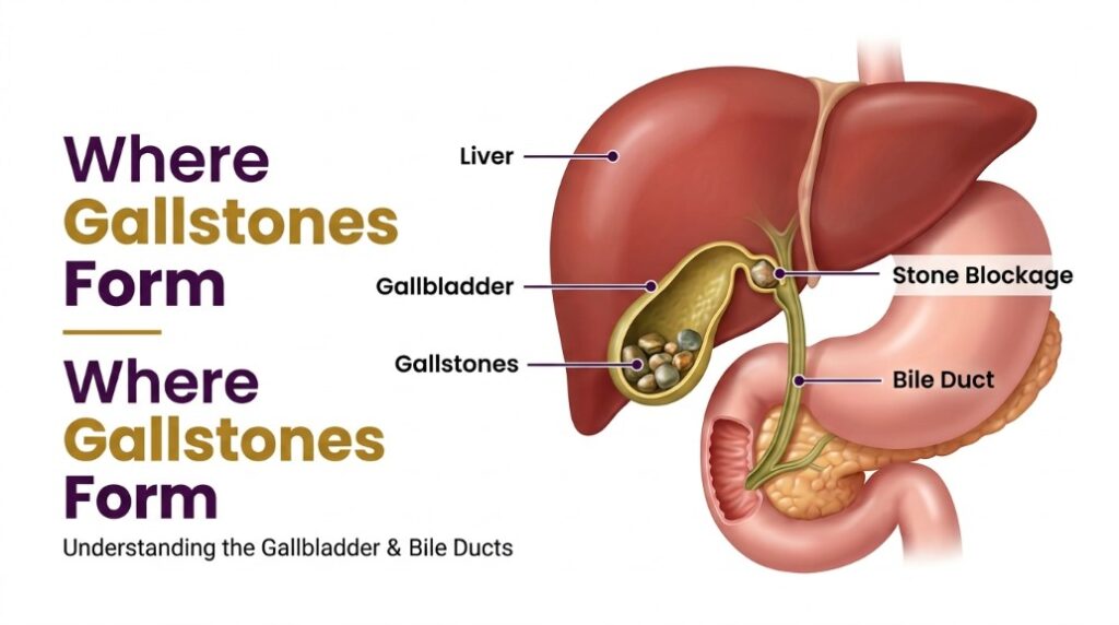 Gallbladder Stone Treatment in Dhaka infographic showing laparoscopic surgery steps, gallstones and recovery