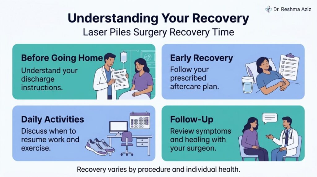 Infographic on laser piles surgery recovery time covering discharge, aftercare, daily activities, and follow-up.