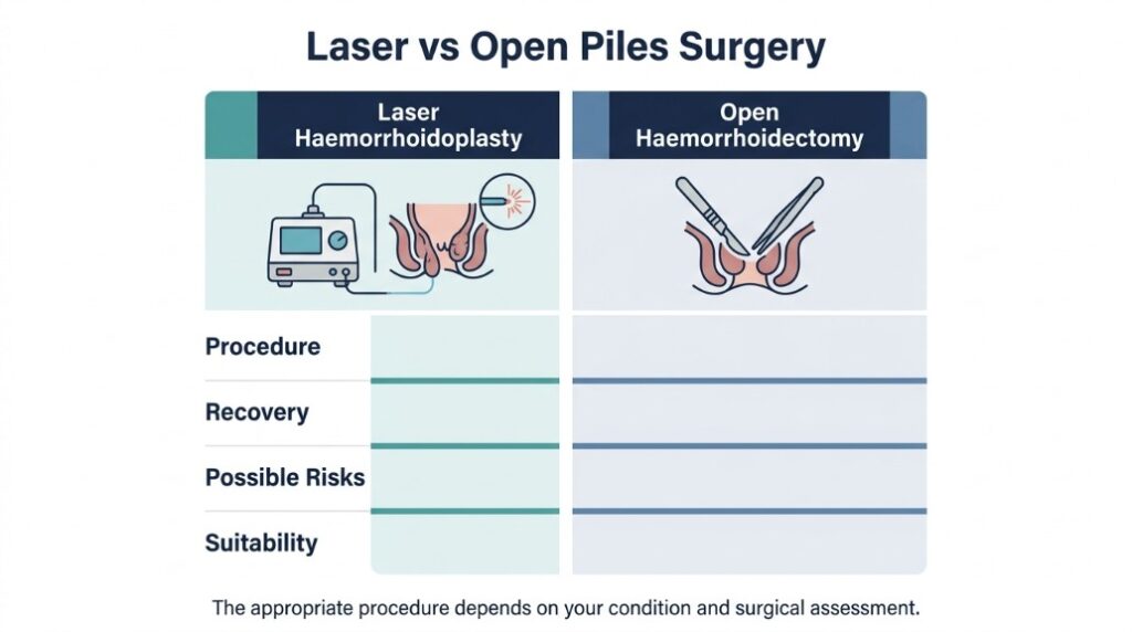 Laser and open piles surgery diagrams accompanying the question: is laser piles surgery painful?
