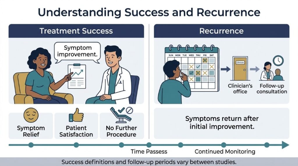 Illustration explaining laser piles surgery success rate through symptom relief, recurrence, and follow-up monitoring.