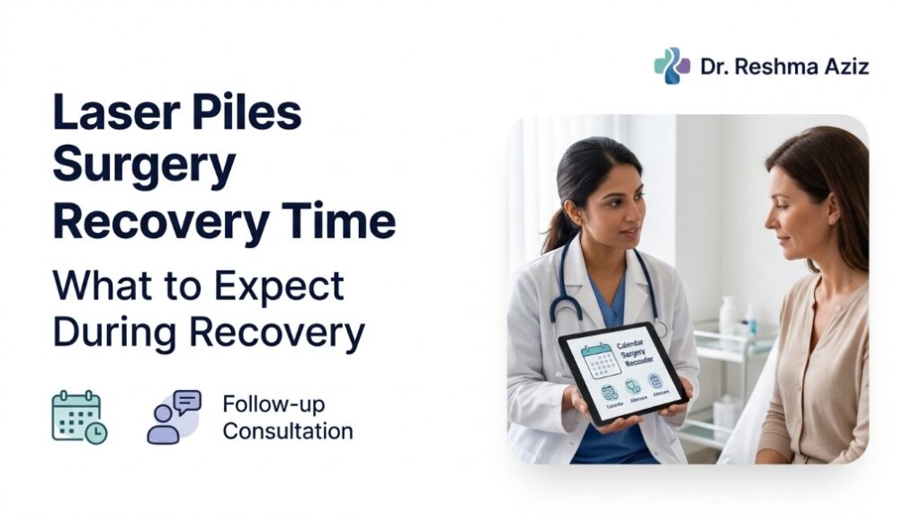 Female doctor explaining laser piles surgery recovery time to a patient using a tablet with recovery planning icons.