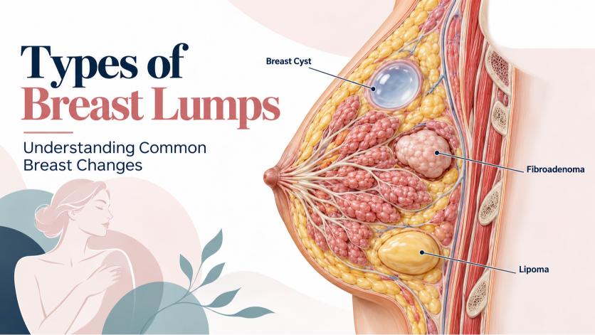 Diagram of types of breast lumps showing a breast cyst, fibroadenoma, and fatty lipoma.