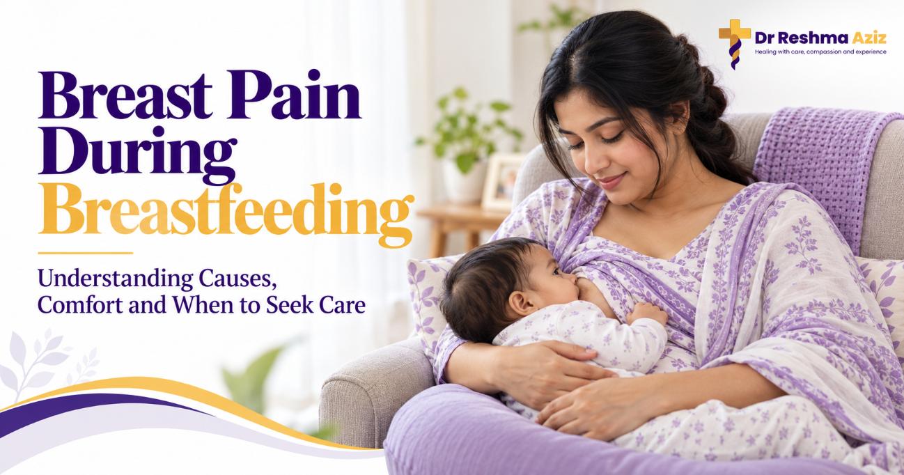 Mother nursing her baby with pillow support, illustrating comfortable positioning for breast pain during breastfeeding.