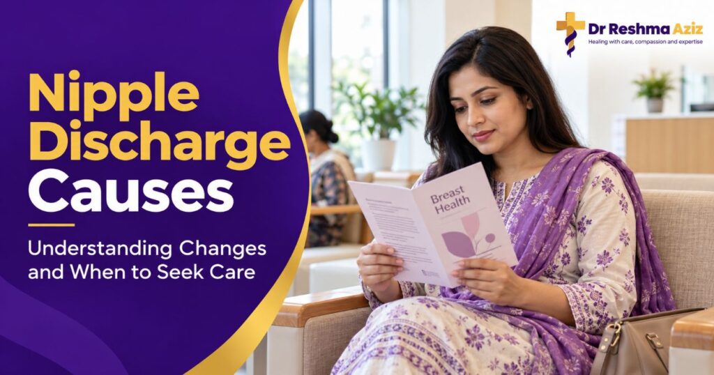 Woman reading a breast health leaflet in a clinic waiting room beside the heading Nipple Discharge Causes.