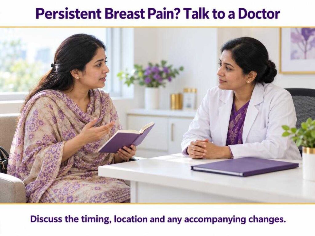 Woman recording symptoms beside a calendar for a breast pain when to worry guide.