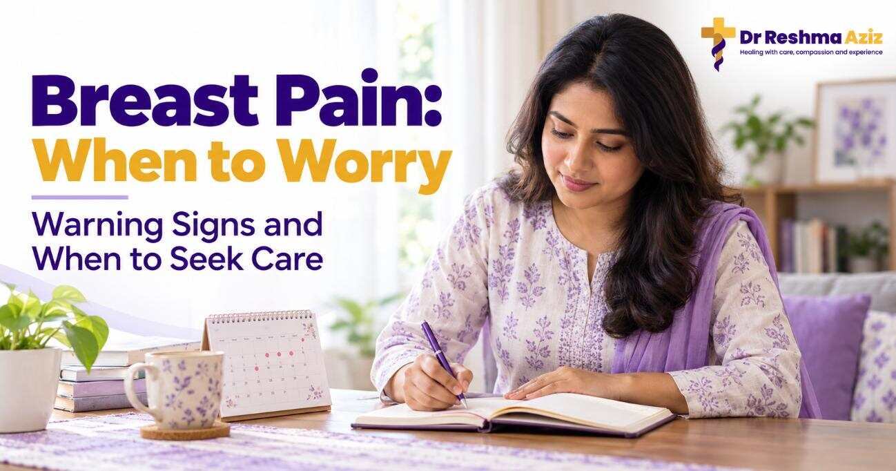 Woman holding a symptom diary while discussing breast pain when to worry with a female doctor.