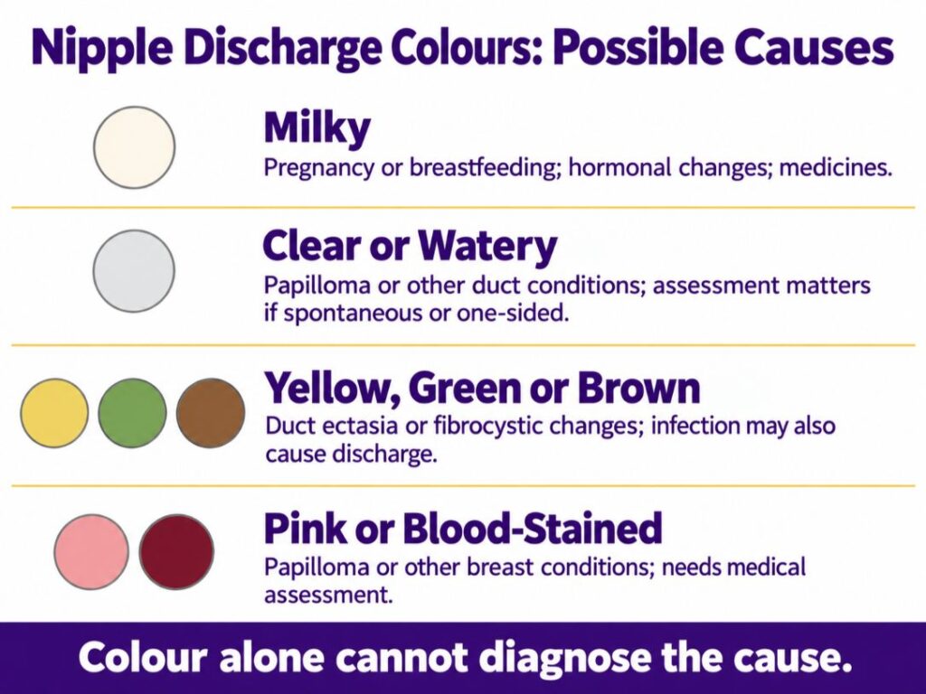 Chart explaining Nipple Discharge Causes by colour, with a reminder that colour alone cannot diagnose the cause.