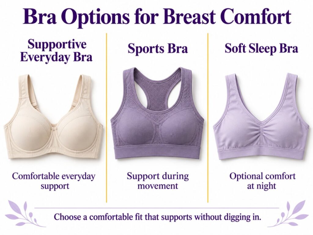 Everyday, sports and soft sleep bras shown as support options for breast pain before period.