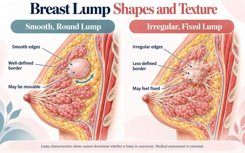 Comparison of types of breast lumps showing smooth, movable lumps versus irregular, fixed lumps.