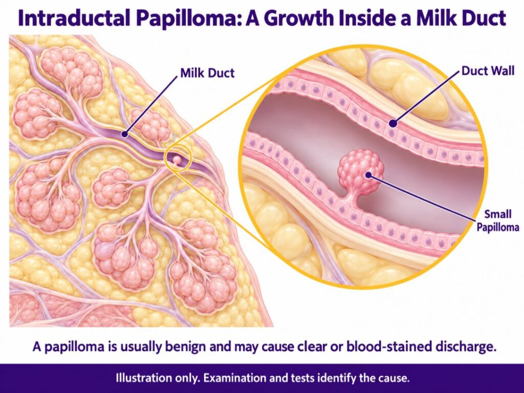 Diagram explaining Nipple Discharge Causes with a small papilloma growing inside a labelled milk duct.