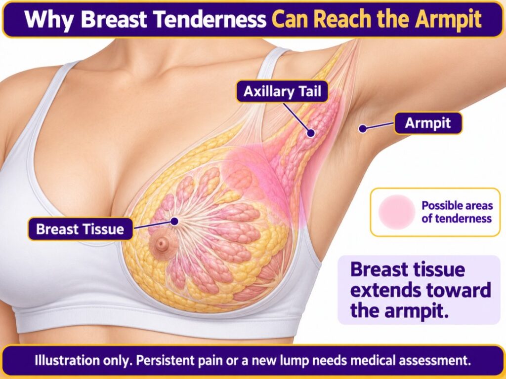 Diagram showing breast tissue extending into the armpit, with tender areas marked for breast pain before period.
